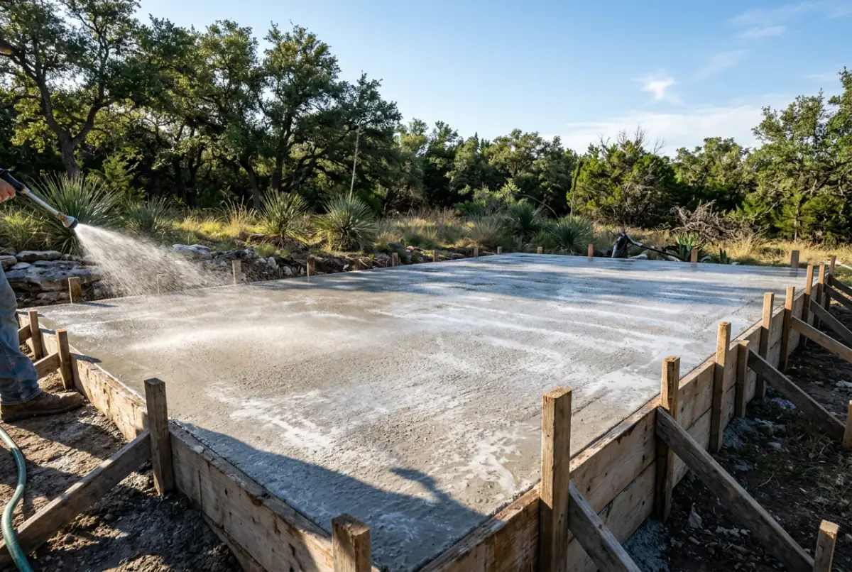 A fresh concrete slab inside wood forms being misted with water while it cures