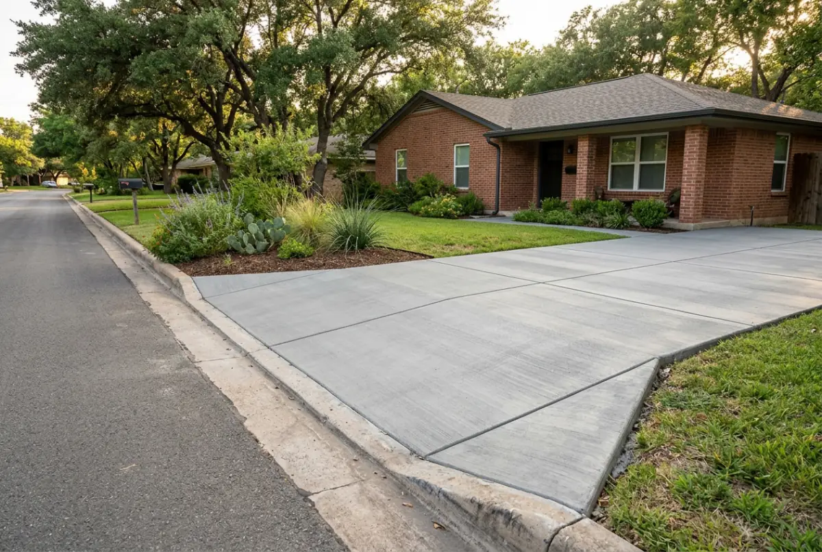 A smooth new concrete driveway meeting the street in front of a brick home